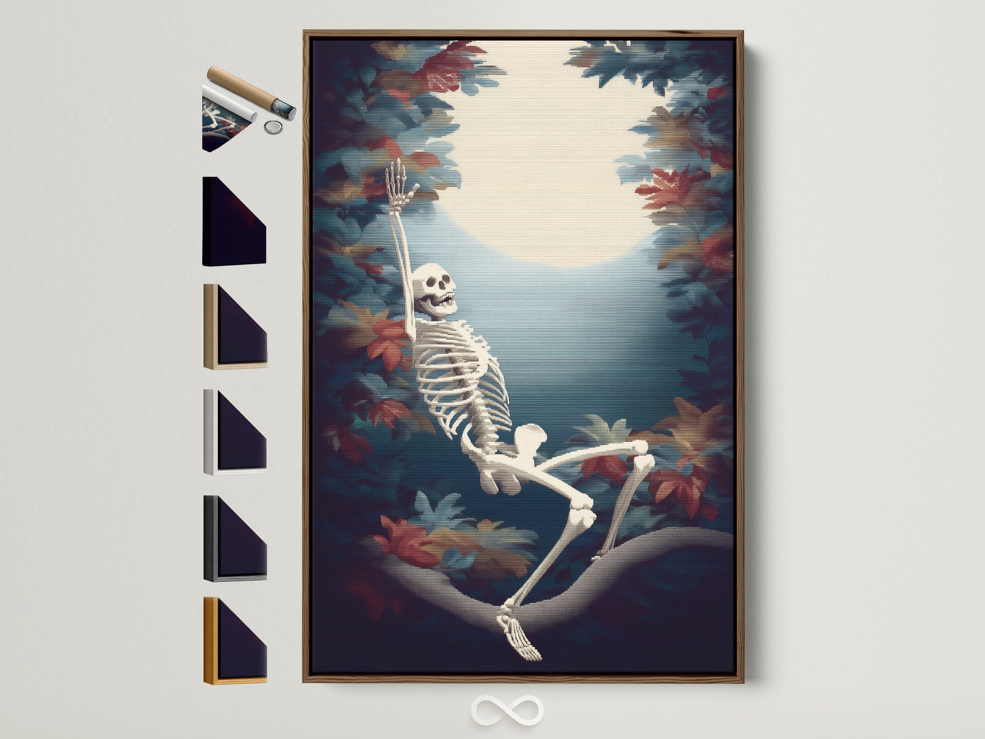 Skeleton Canvas Print in a brown frame. Gothic Wall Art is displayed with all frame options available. Shop spooky season wall art for your gothic home. Macabre artwork with autumn leaves.