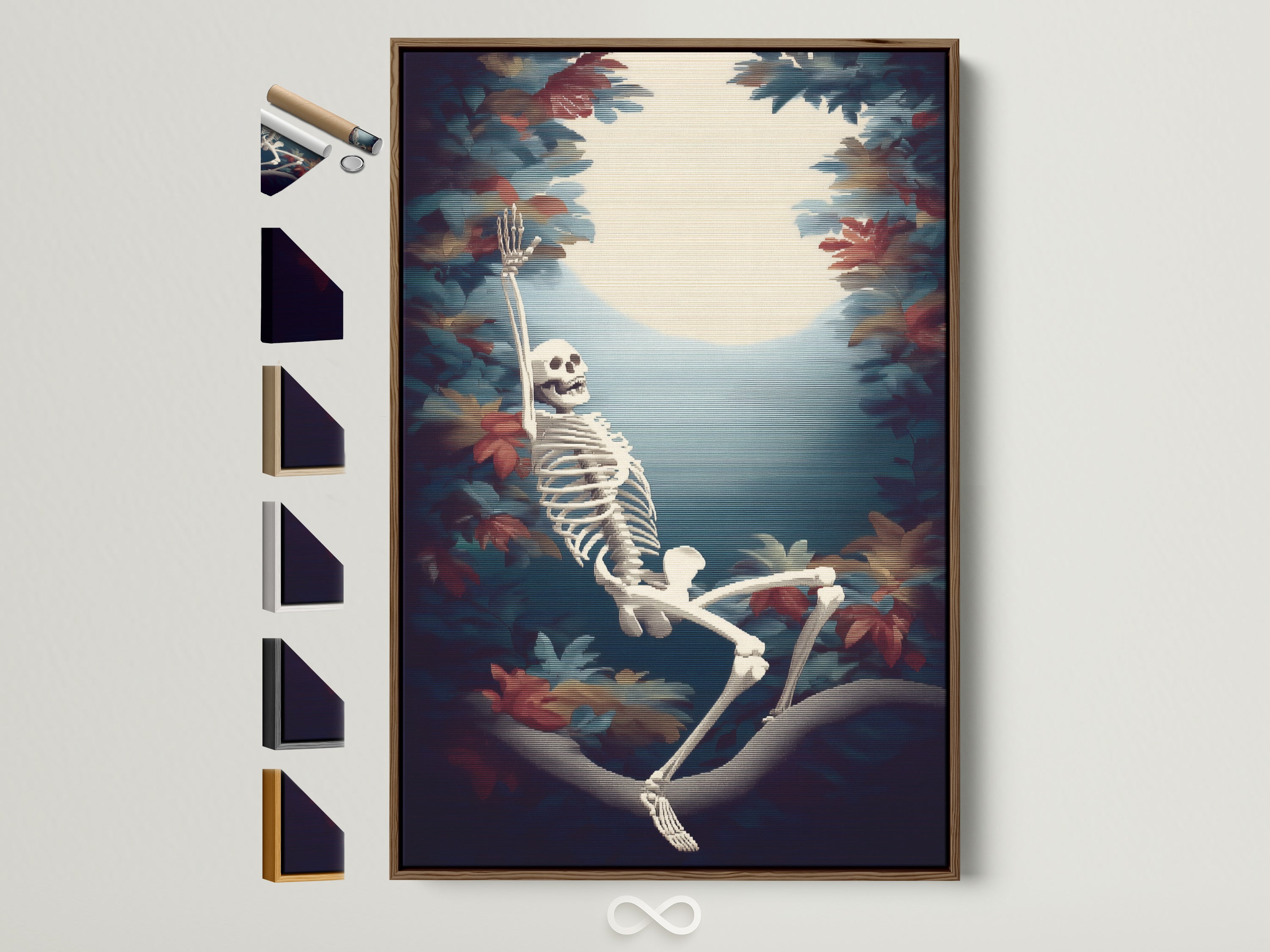 Skeleton Canvas Print in a brown frame. Gothic Wall Art is displayed with all frame options available. Shop spooky season wall art for your gothic home. Macabre artwork with autumn leaves.