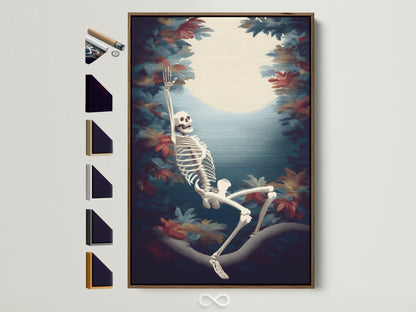 Skeleton Canvas Print in a brown frame. Gothic Wall Art is displayed with all frame options available. Shop spooky season wall art for your gothic home. Macabre artwork with autumn leaves.