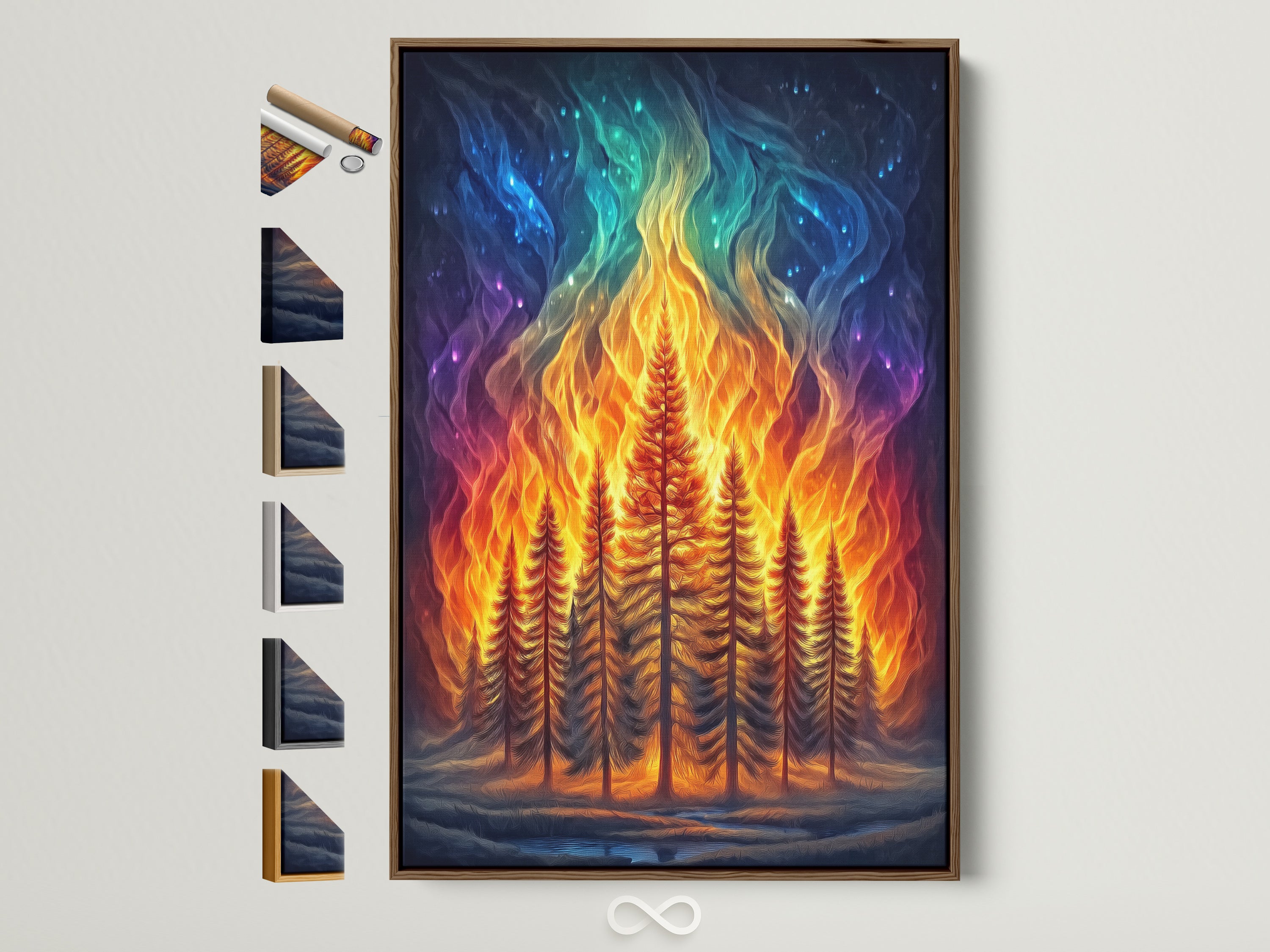 Aurora Forest artwork with a brown frame. This fantasy landscape wall art features a colorful celestial tree. The artwork is perfect for adding a touch of nature and magic to your home decor. Consider this vibrant art print to enhance any room with its beauty.