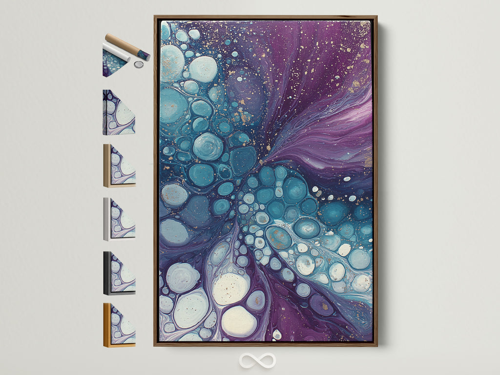 Elevate your space with abstract fluid art. The purple teal canvas wall art features a modern bubble artwork. It is displayed in a brown frame. Explore frame options to match your style. Perfect for adding a contemporary touch to your bedroom wall decor.