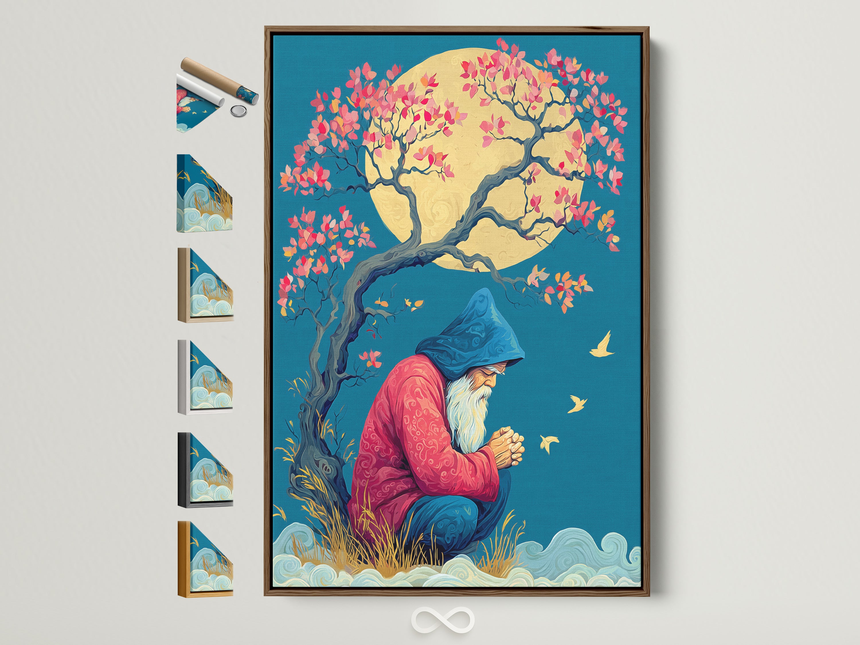 Brown frame displays a Wizard Canvas Print. This mystical tree wall art provides fantasy artwork for meditation room decor. Find spiritual magic wall art for zen artwork. This serene art print is calming wall art. Discover blue and gold art for a fantasy gift in mythical decor. Frame options are visible.