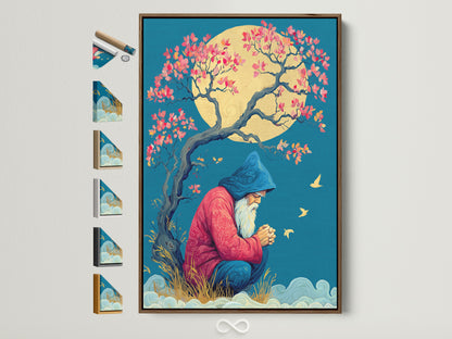 Brown frame displays a Wizard Canvas Print. This mystical tree wall art provides fantasy artwork for meditation room decor. Find spiritual magic wall art for zen artwork. This serene art print is calming wall art. Discover blue and gold art for a fantasy gift in mythical decor. Frame options are visible.