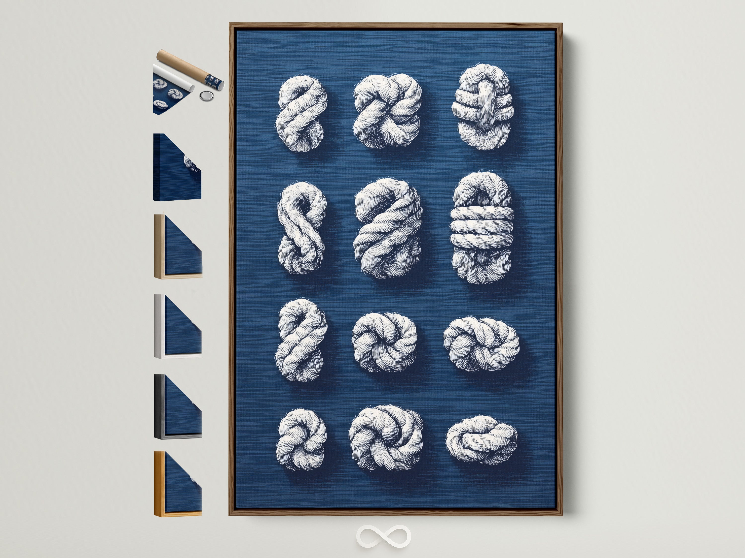 Impression sur toile Noeuds de corde nautique - Art mural côtier bleu marine, Décor maritime pour le salon d’une maison de plage