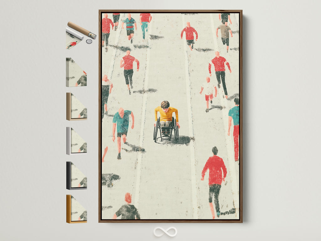 Marathon Runners artwork with a brown frame. The artwork features a wheelchair racer among runners. All frame options are visible on the side. This sports-themed artwork adds inspiration to any space. Perfect for a home gym or office. It embodies fitness motivation and athletic spirit.