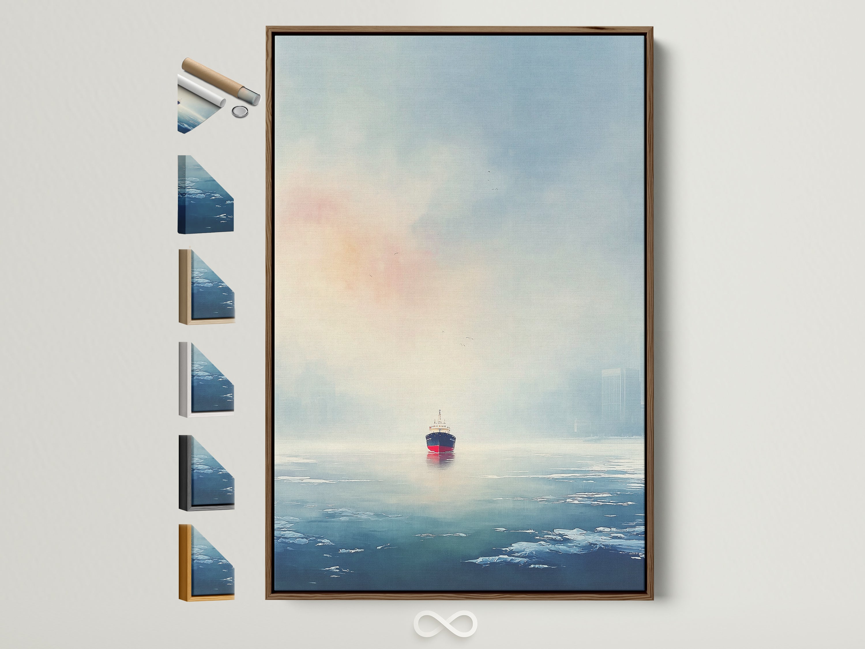 Cargo Ship artwork with a brown frame showcased against a white wall. This coastal seascape wall art brings a minimalist maritime touch. All frame options are displayed on the side. Perfect navy blue art for office wall decor or tranquil living room art.
