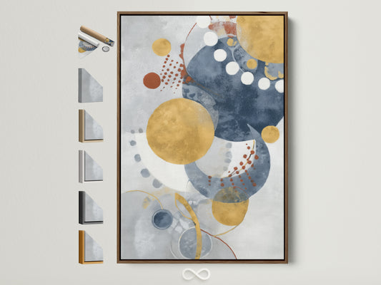 Geometric neutral and gold circles artwork, framed—ideal for accent lighting