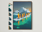 Penguin Arctic Canvas Print with a brown frame. This iceberg wildlife wall art features a row of penguins on ice. All available frame options are displayed. Perfect for kids room decor or modern living spaces. The artwork has primary yellow and secondary blue colors