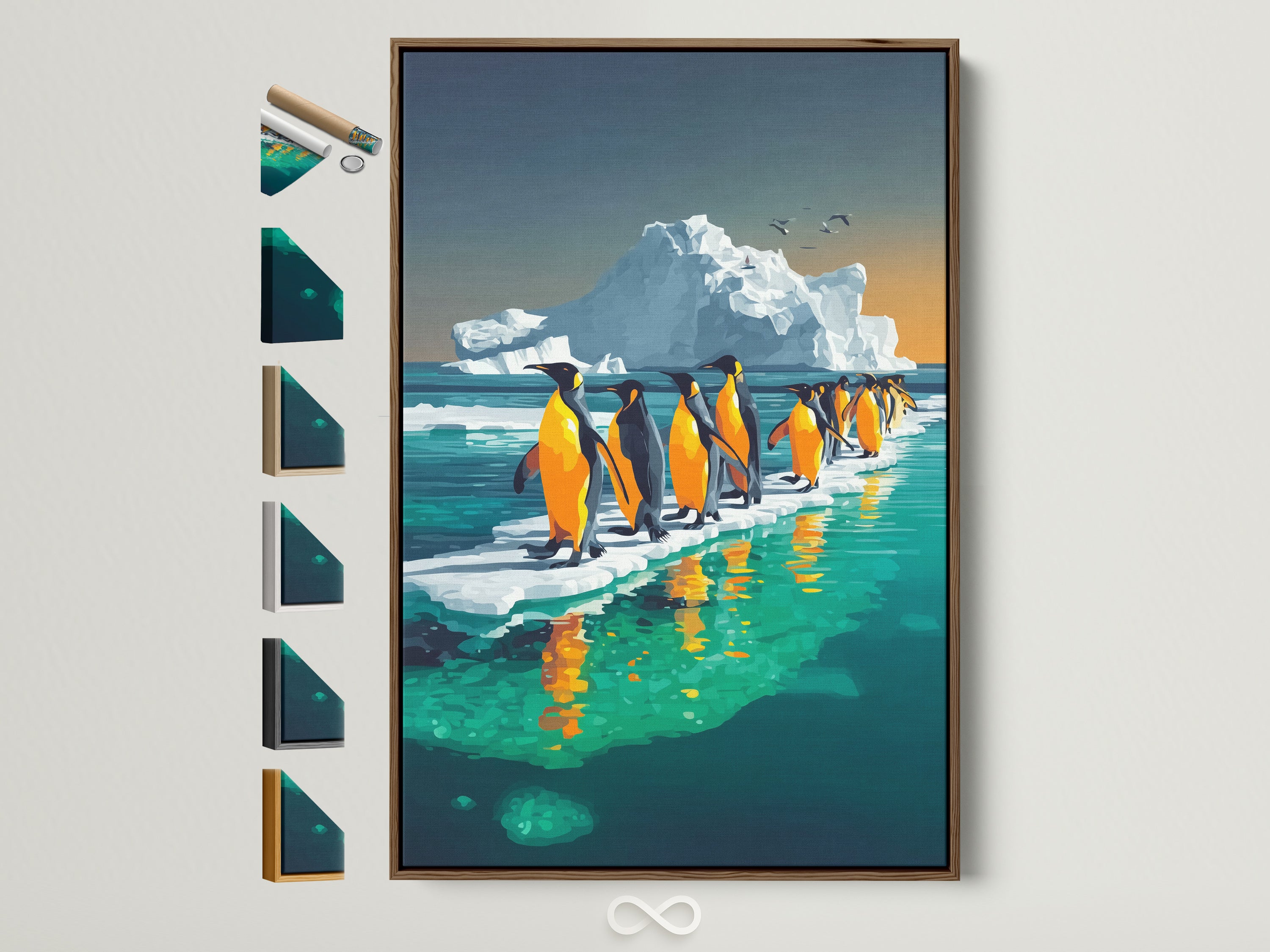 Penguin Arctic Canvas Print with a brown frame. This iceberg wildlife wall art features a row of penguins on ice. All available frame options are displayed. Perfect for kids room decor or modern living spaces. The artwork has primary yellow and secondary blue colors