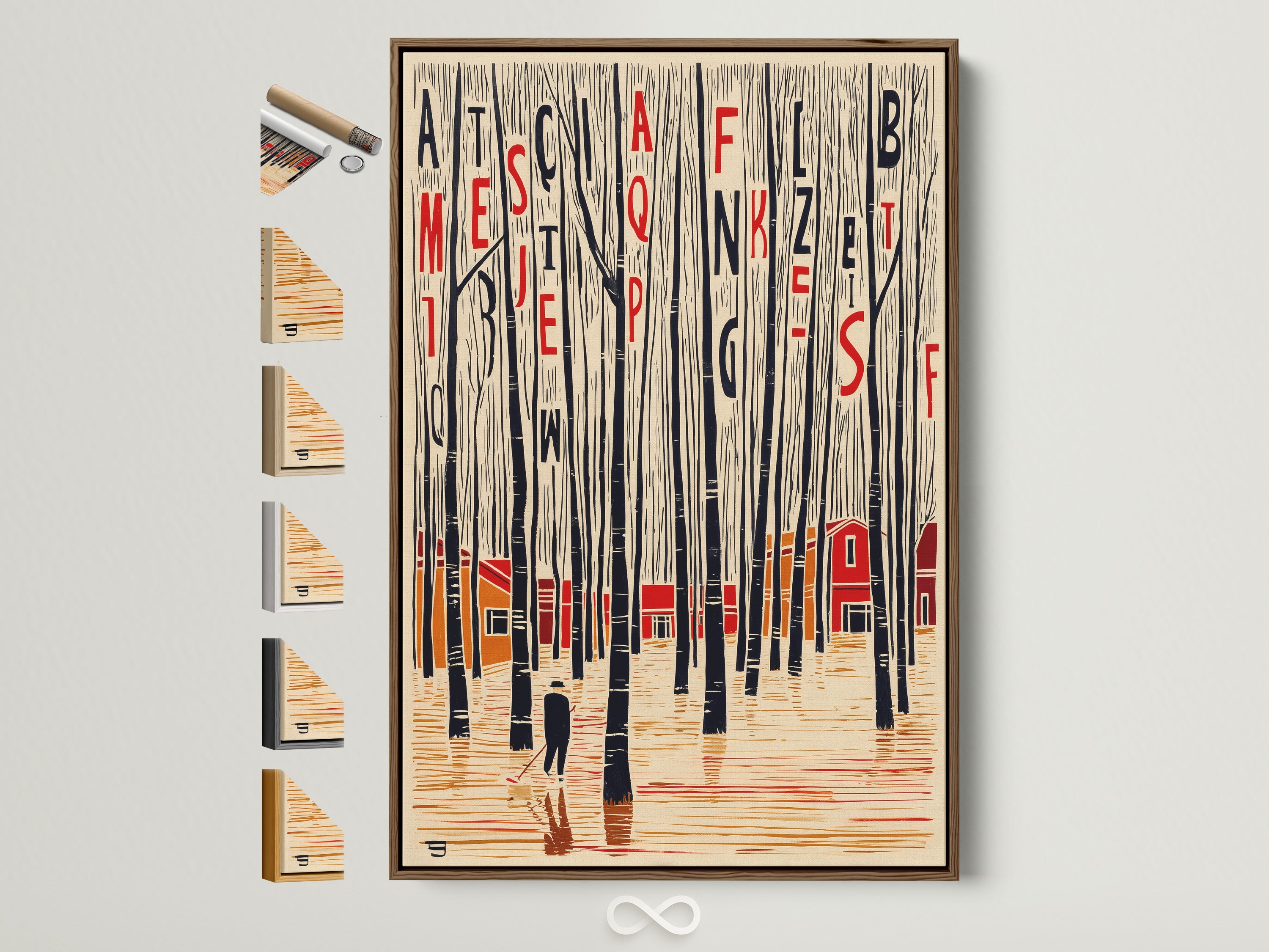 A captivating typographic forest art print is displayed in a brown frame. Notice all the available frame options on the side. This abstract woods wall art brings Scandinavian style to study room decor. The artwork features black trees red cabins and embedded letters creating a unique visual experience.