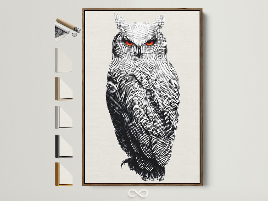 Explore framed owl artwork options. This dotted wildlife canvas art features a brown frame. Discover modern animal wall decor with red eyes. Perfect for your home or office. See all frame styles available.