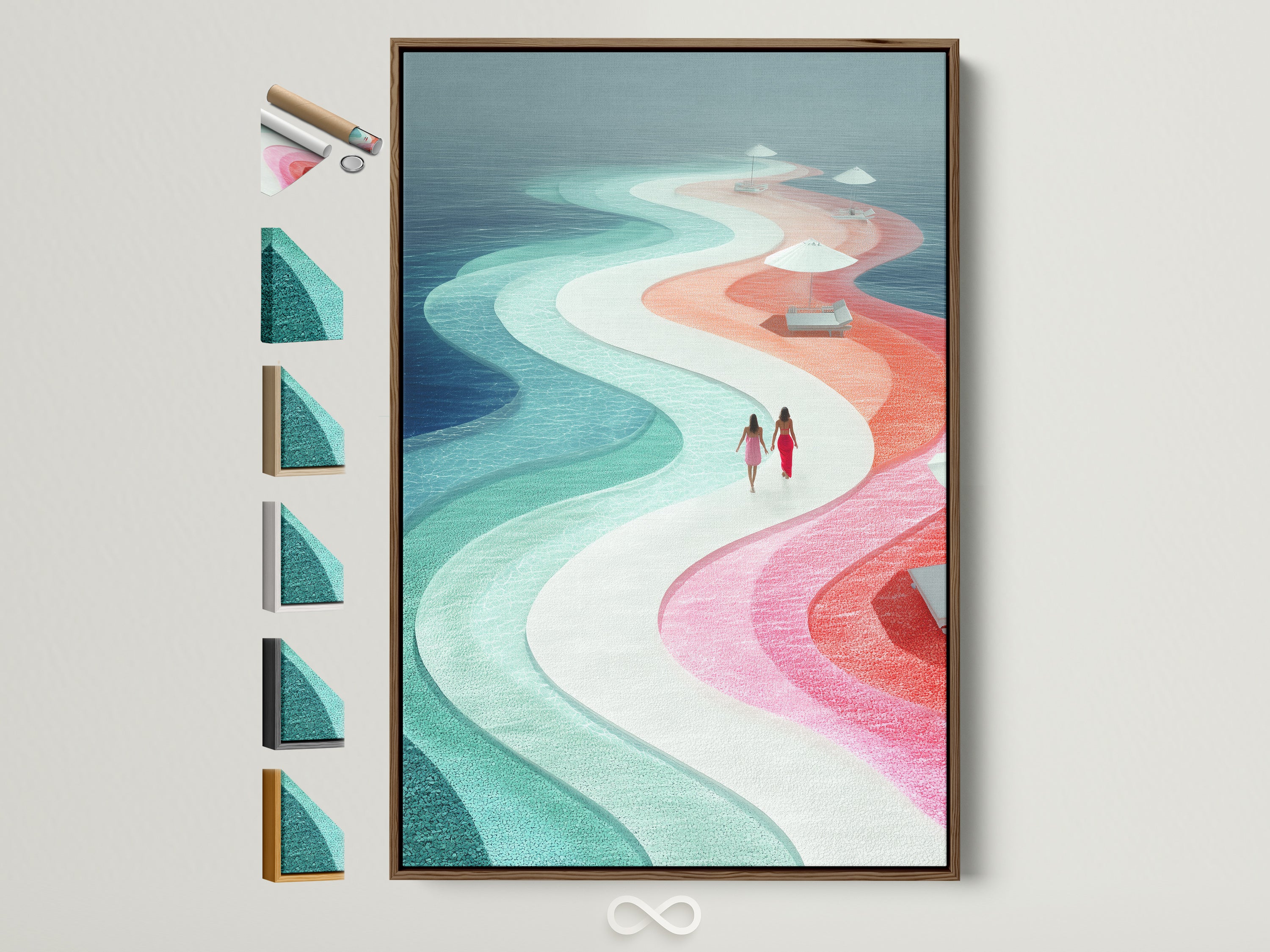 Explore abstract beach artwork in a brown frame. See all available frame options. This coastal wall art features teal pink hues. Perfect for adding a modern ocean wave print to your bedroom decor. Elevate your space with refined coastal style.
