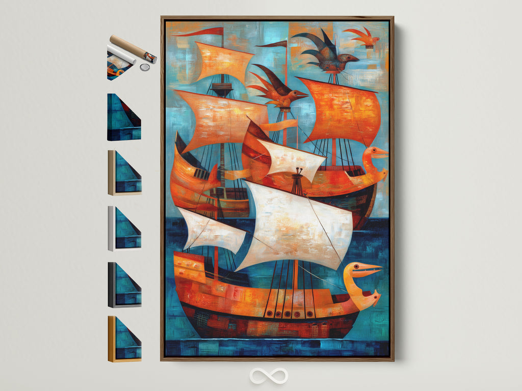 Vintage Ships Canvas Artwork with a Brown Frame. The artwork features teal and orange nautical elements. All frame options are displayed. Elevate your coastal or modern decor with this piece. Perfect for living rooms bedrooms or offices. Explore framed art for a stylish touch.