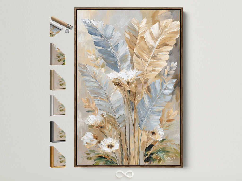 Feather Art Print in a brown frame. Soft neutral canvas wall art adds beauty to any room. Botanical feathers painting offers bedroom wall decor. This beige artwork complements boho and eclectic styles. The wall art is displayed with other frame options.