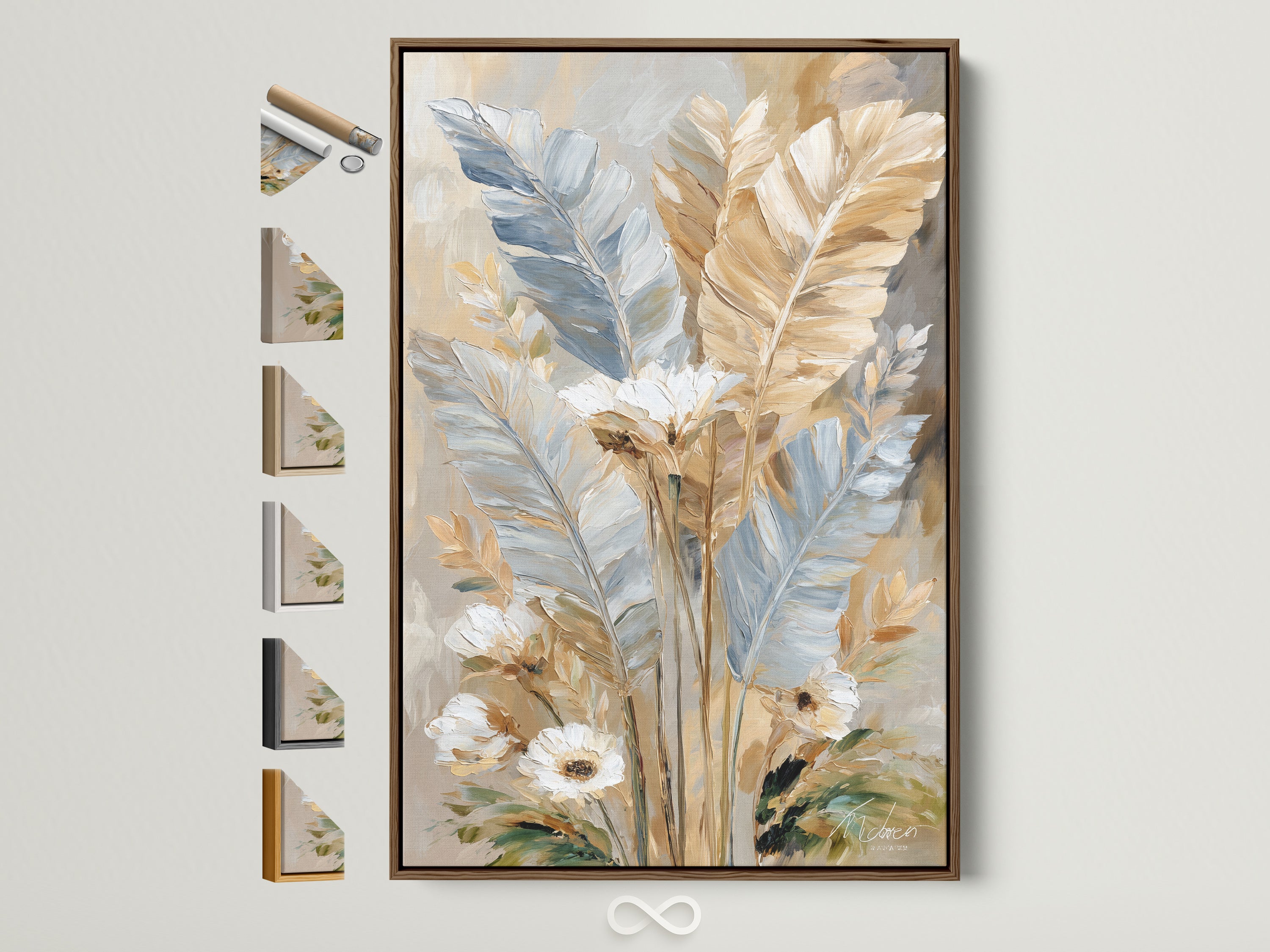 Feather Art Print in a brown frame. Soft neutral canvas wall art adds beauty to any room. Botanical feathers painting offers bedroom wall decor. This beige artwork complements boho and eclectic styles. The wall art is displayed with other frame options.