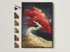 Elevate your space with framed Japanese Bonsai Tree art. The red maple canvas print is set in a brown frame. Explore frame options for Asian Zen wall art. Perfect for a meditation room or office decor. A contemporary artwork adding style to any space.