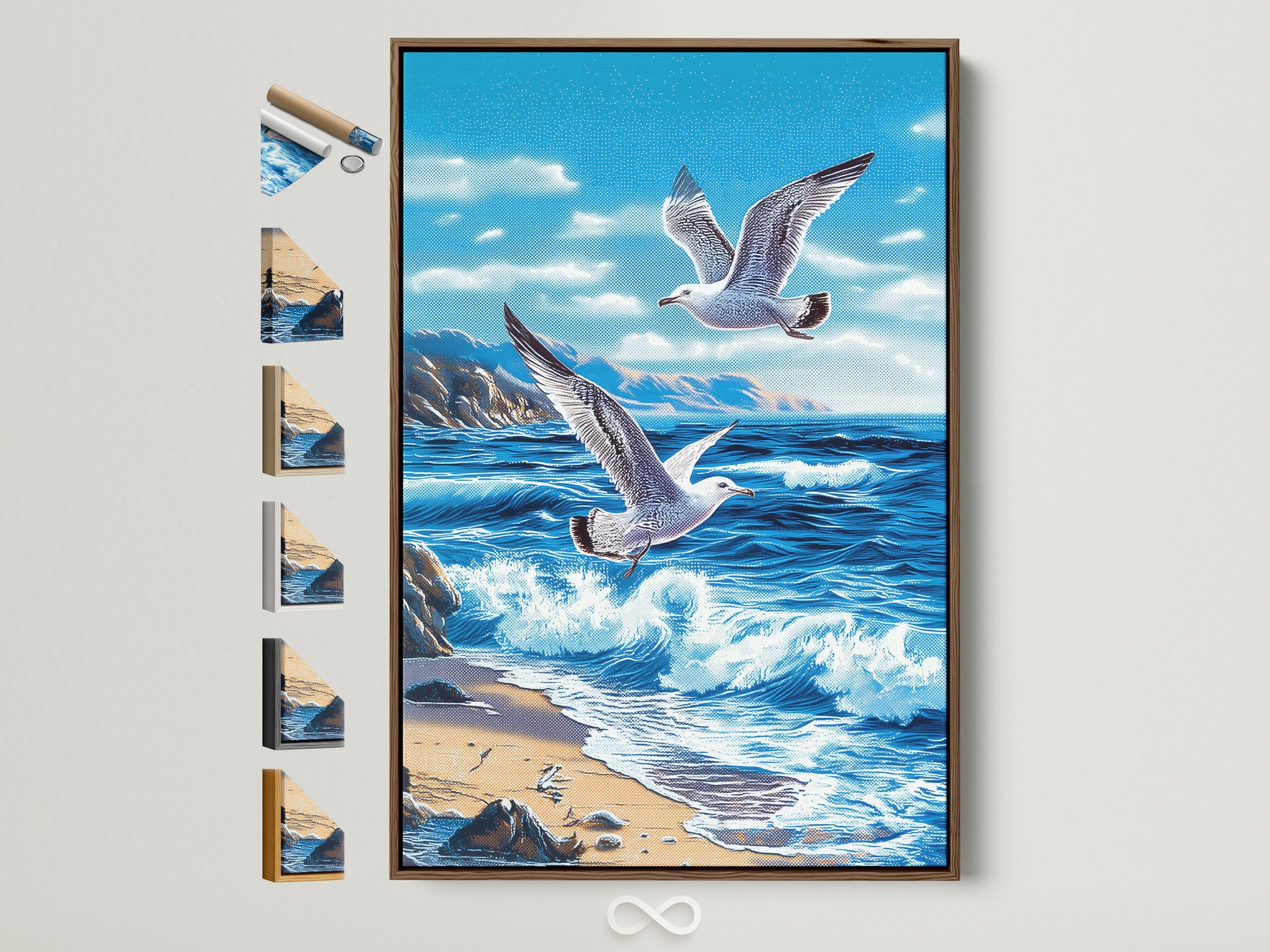 Brown frame artwork. The artwork depicts seagulls flying over a vibrant blue ocean scene. The frame has all available frame options displayed on the side. This allows customers to easily visualize the different framing possibilities for their chosen artwork.