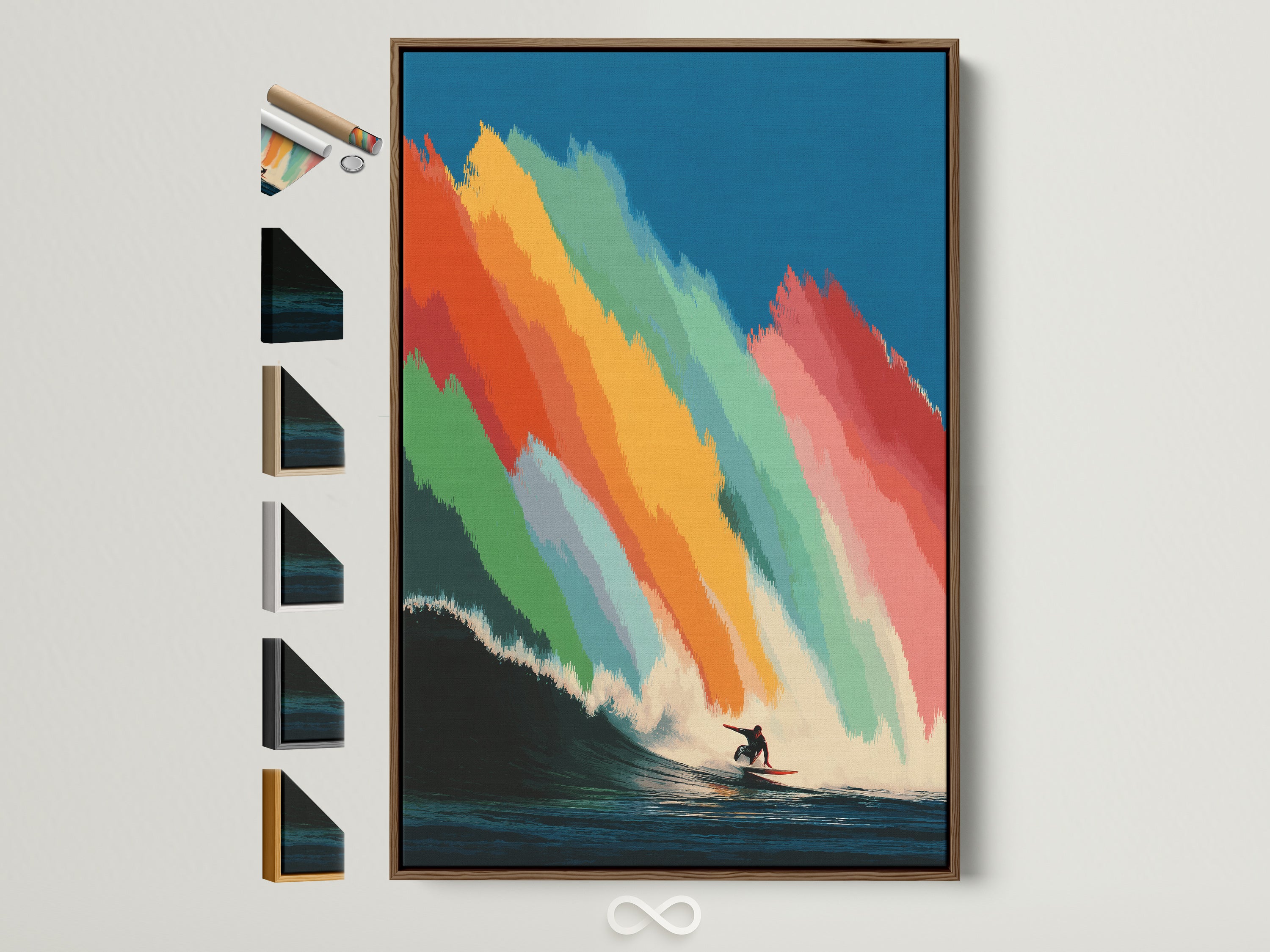Rainbow Surfer Canvas Print in oak floating frame with a vivid rainbow wave above a surfer