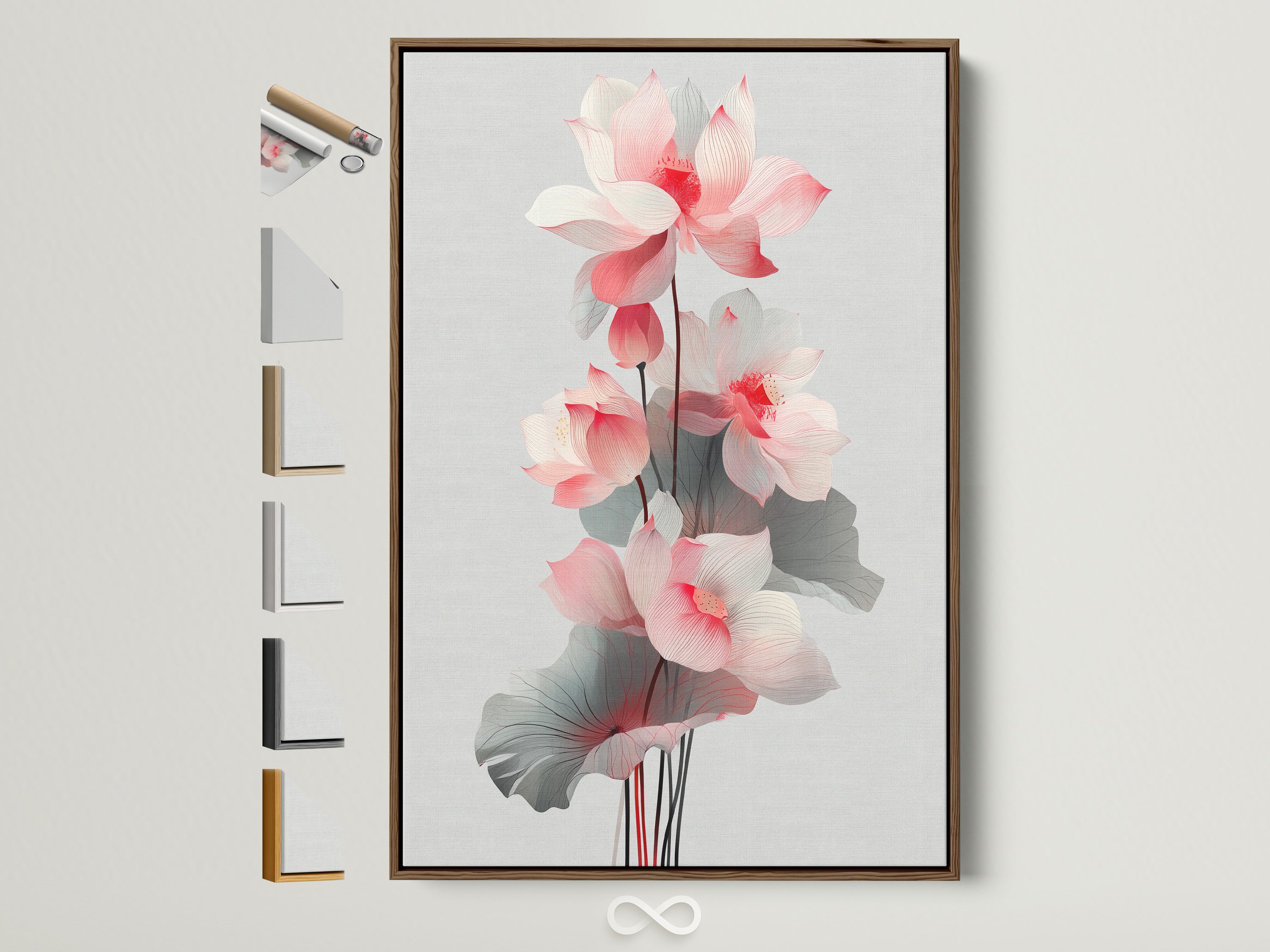 A lotus flower artwork displayed in a brown frame. This floral canvas print adds a touch of botanical beauty to any room. See all frame options. Perfect for modern and feminine decor.