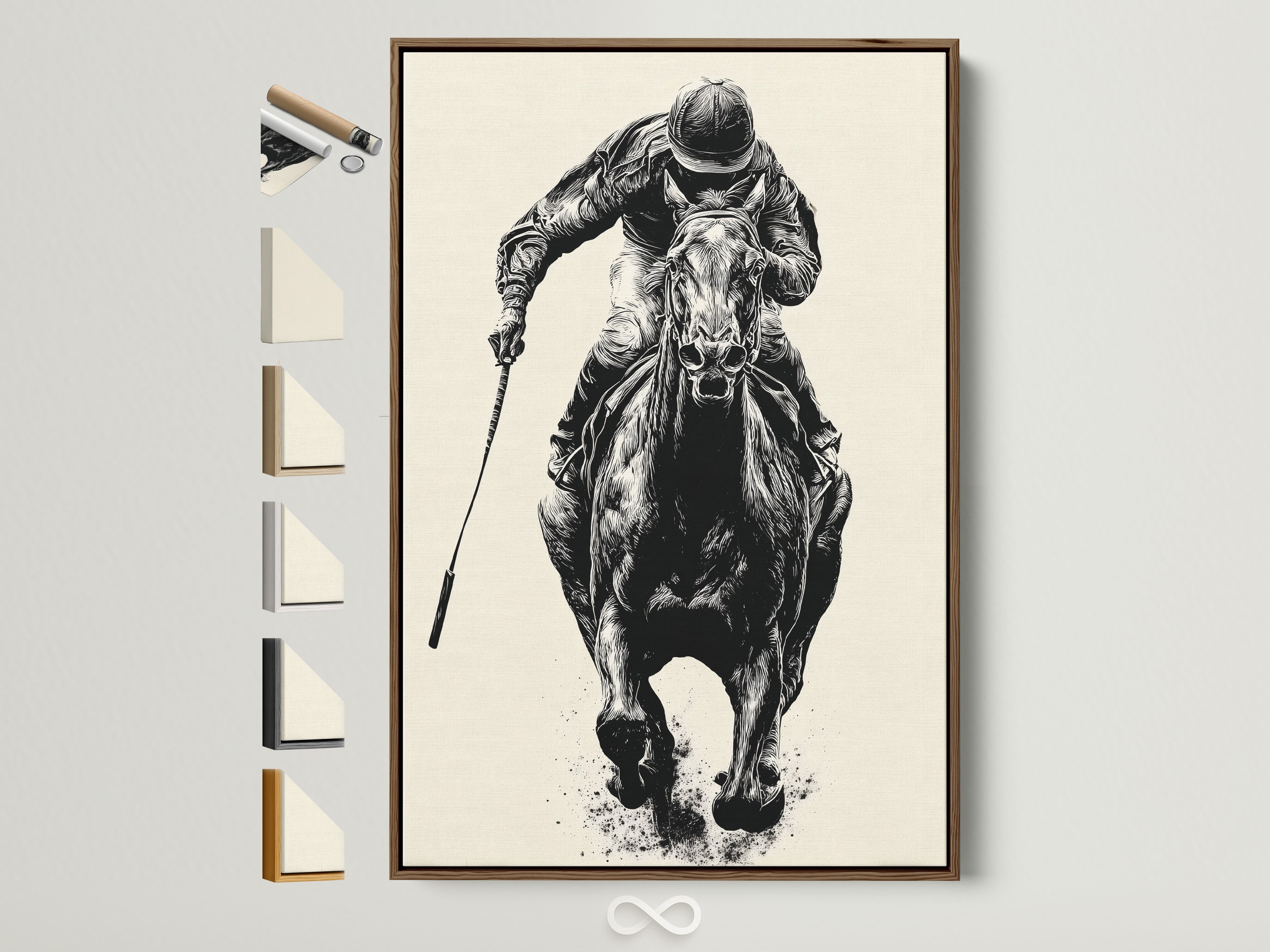 Artwork of a horse race in a brown frame. The frame is displayed with all available frame options on the side. Find the perfect frame to complement your artwork. Decorate your home with beautiful art.