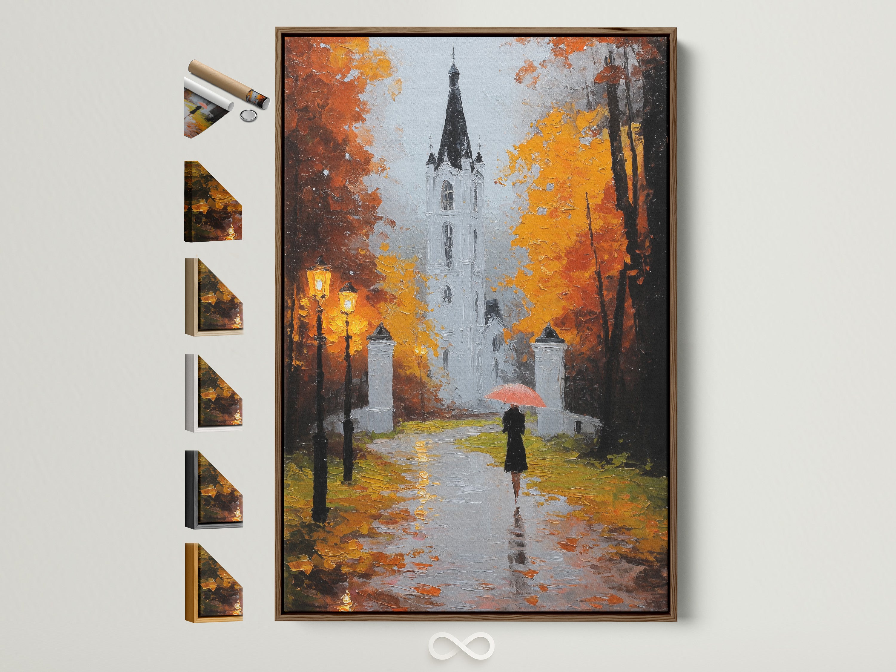 Artwork in a brown frame displayed on a wall. The artwork features a building and a person with an umbrella. Frame options are visible on the side. Consider this elegant art for your space.