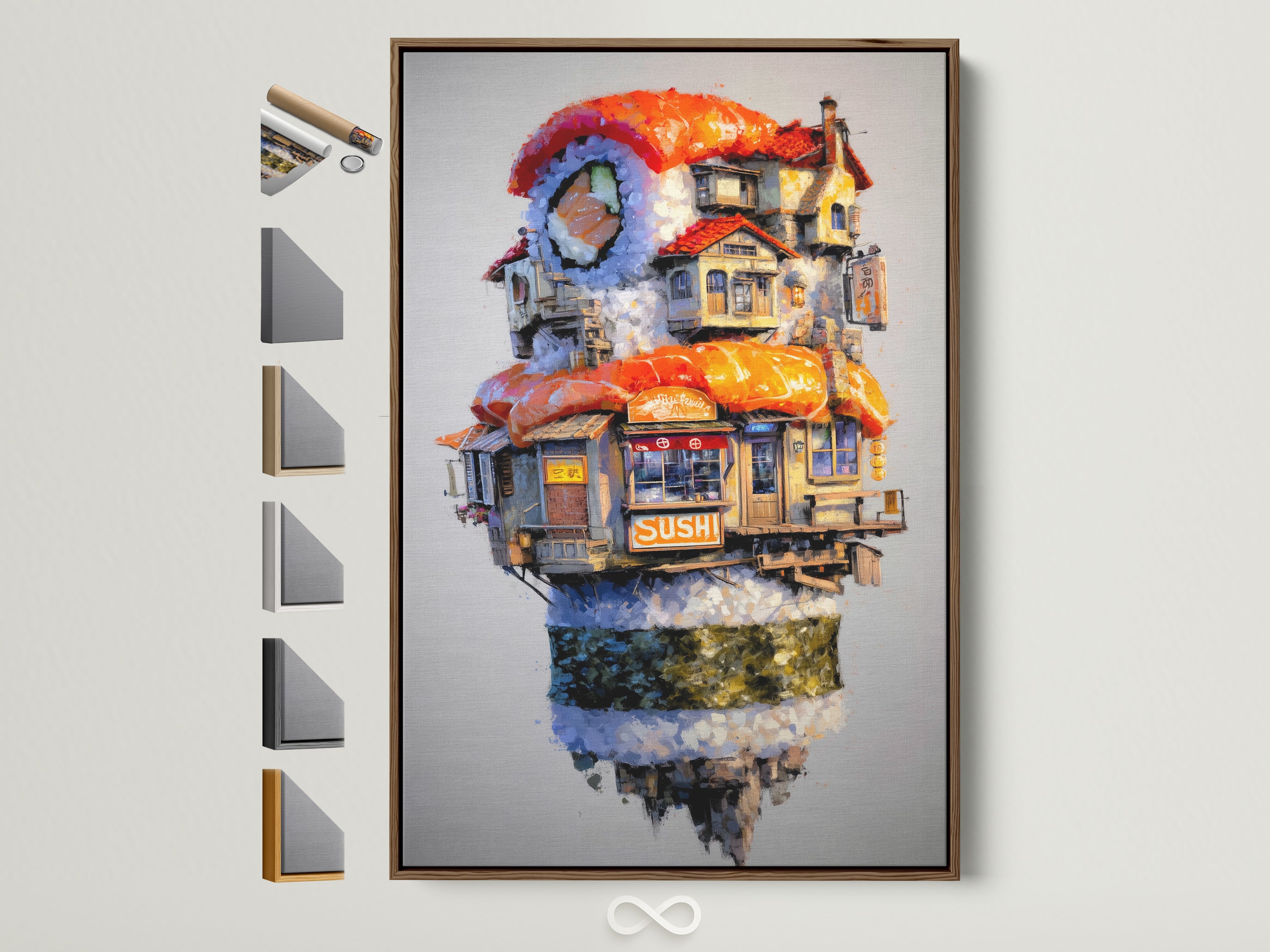 Brown frame displaying a whimsical Japanese food artwork. The artwork features a unique sushi restaurant design. See all frame options for your sushi artwork. Perfect wall decor for modern kitchens and cafes.