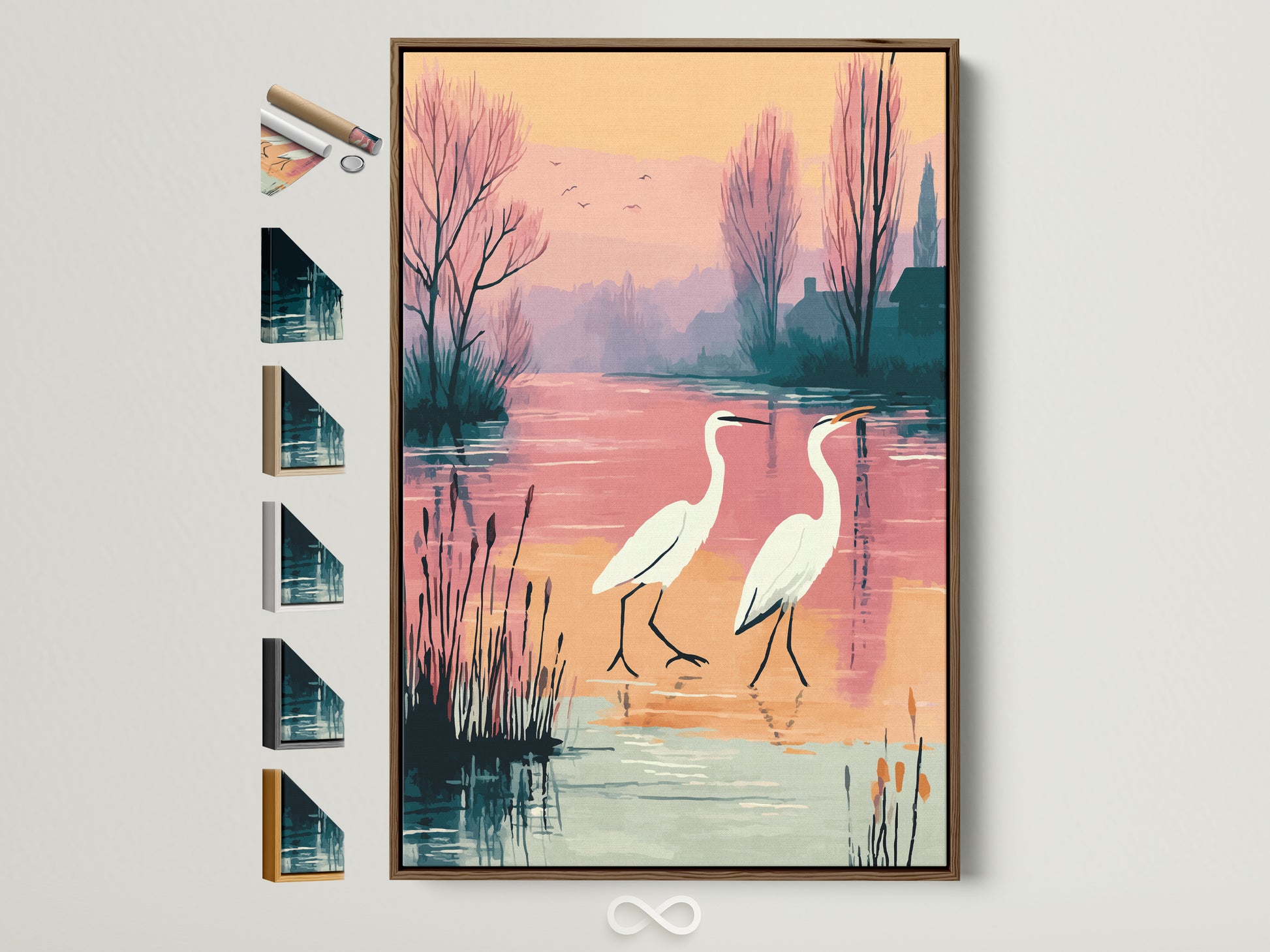 Explore framed artwork options with this heron canvas print. The brown frame complements pastel lake wall art. Discover serene bird artwork ideal for any entryway. It makes a thoughtful gift for nature lovers.