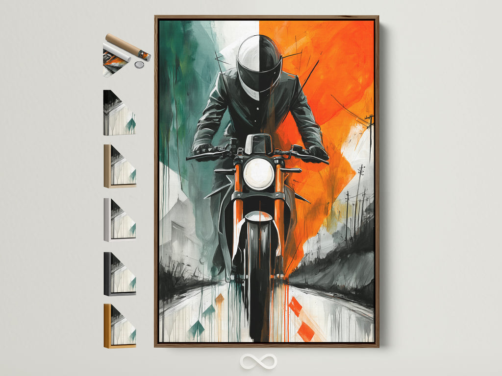 Vintage Biker Artwork with Brown Frame. This motorcycle art print features a retro orange and teal design. The artwork is framed in a brown frame with various frame options displayed on the side. Perfect man cave decor or garage wall art.