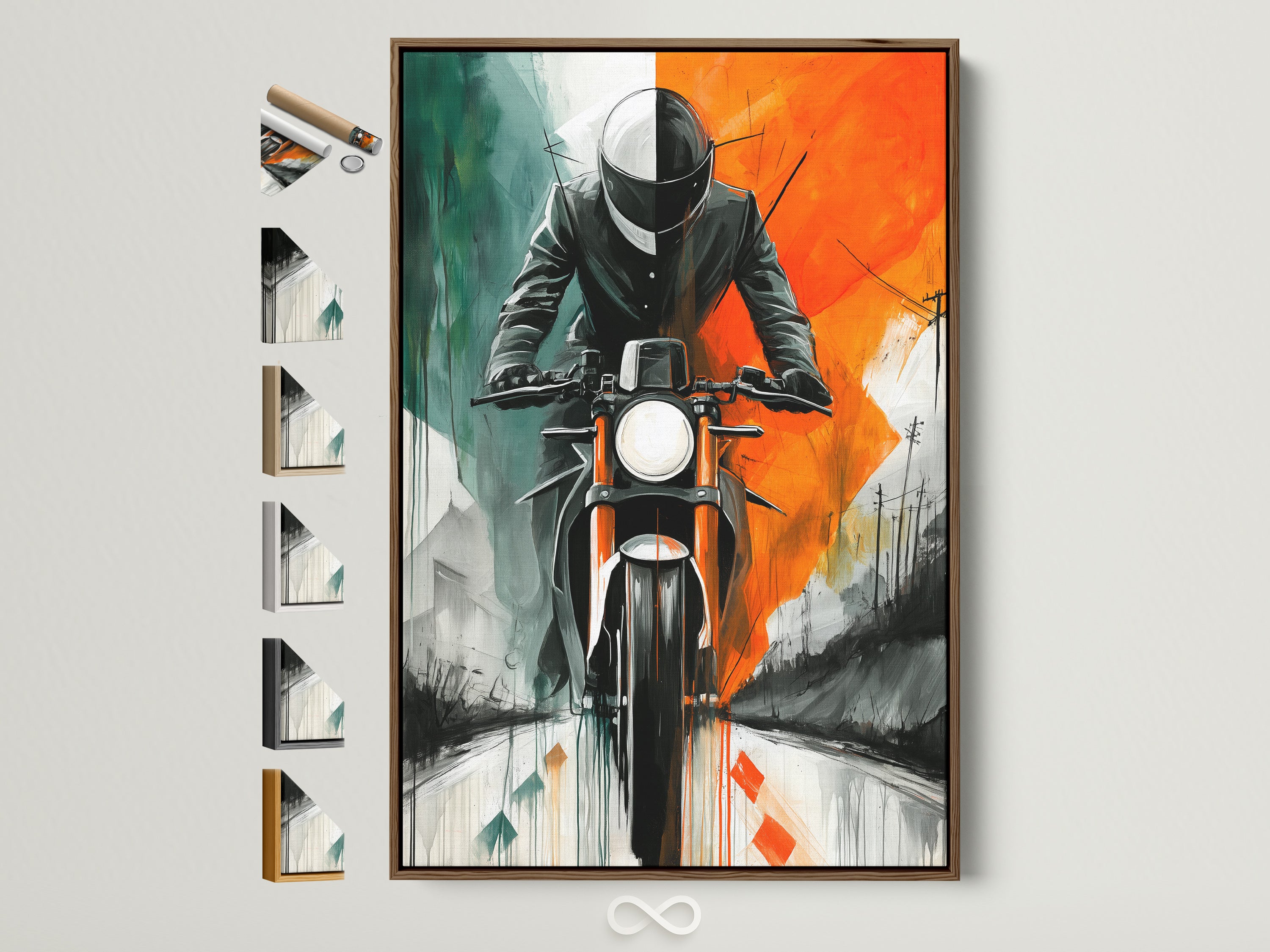 Vintage Biker Artwork with Brown Frame. This motorcycle art print features a retro orange and teal design. The artwork is framed in a brown frame with various frame options displayed on the side. Perfect man cave decor or garage wall art.