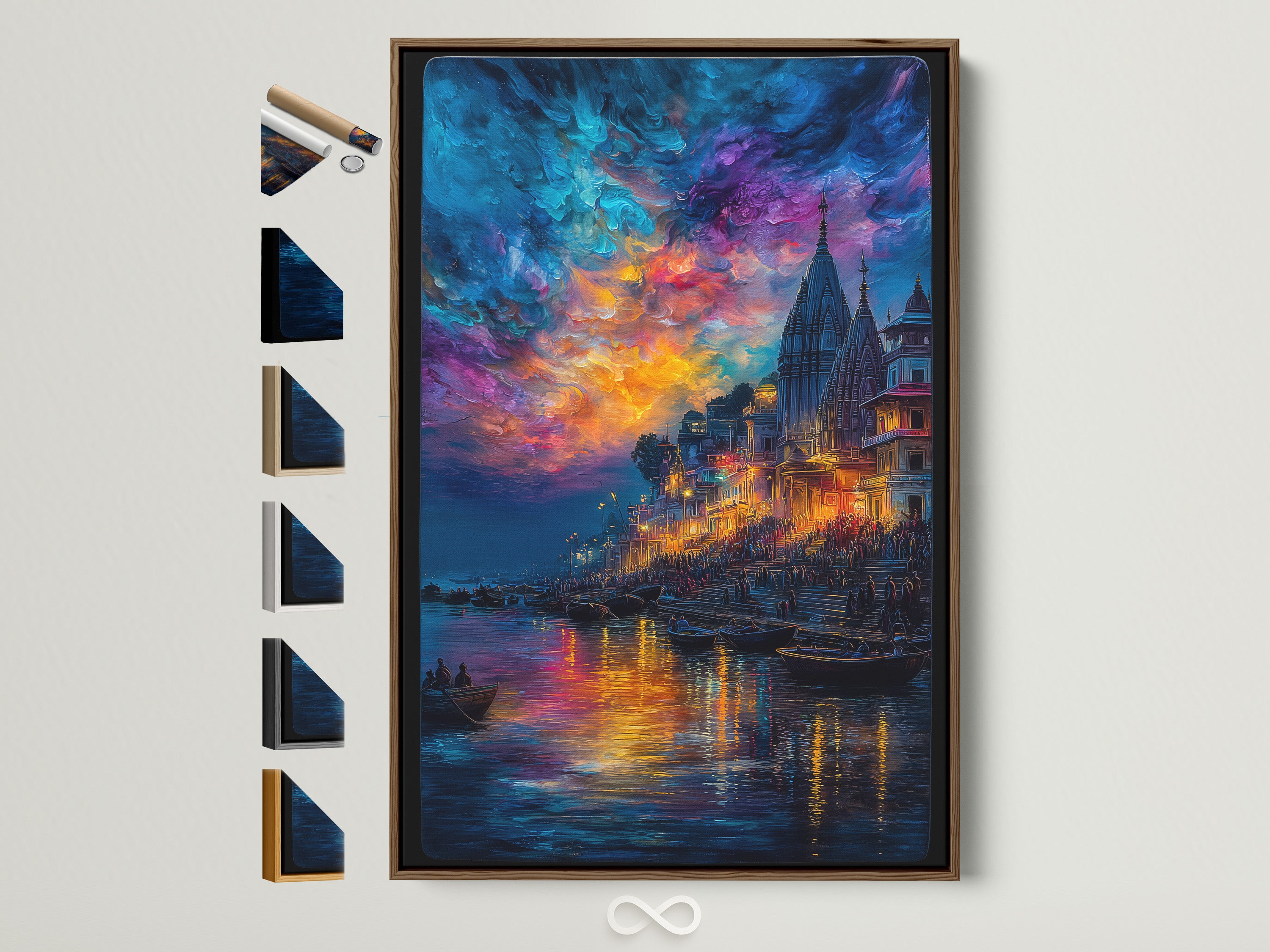 Varanasi River Ghats artwork in a brown frame. This spiritual India wall art captures the Ganges at sunset. Perfect meditation room decor. Explore frame options for bohemian or eclectic styles. Elevate your space with temple wall art.