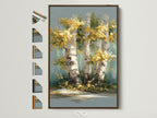 Birch Tree Canvas Print with a brown frame. All frame options are displayed on the side. This autumn forest wall art features golden yellow foliage. A perfect nature painting for bedroom wall decor.
