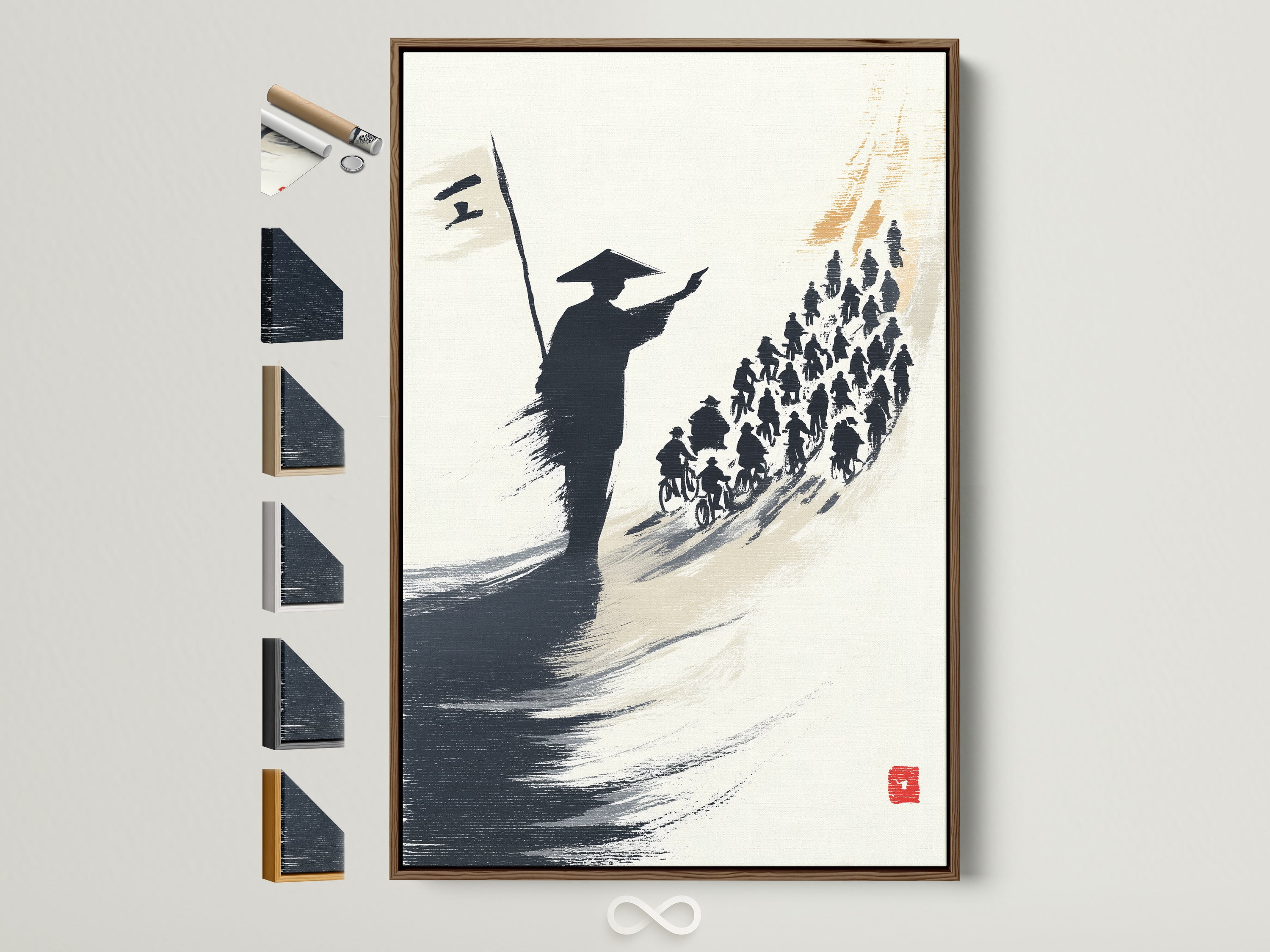 A brown frame displays samurai artwork. It shows a Japanese warrior leading cyclists. The artwork uses an ink wash painting style. Frame options are visible offering choices for your home decor. It is perfect for adding asian art to your living space.