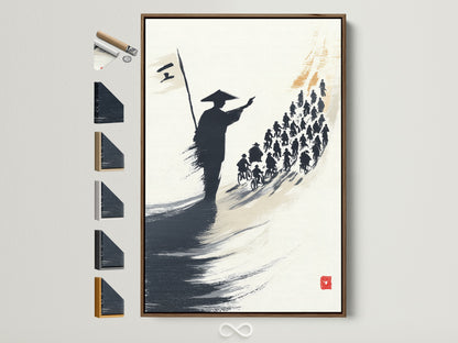 A brown frame displays samurai artwork. It shows a Japanese warrior leading cyclists. The artwork uses an ink wash painting style. Frame options are visible offering choices for your home decor. It is perfect for adding asian art to your living space.