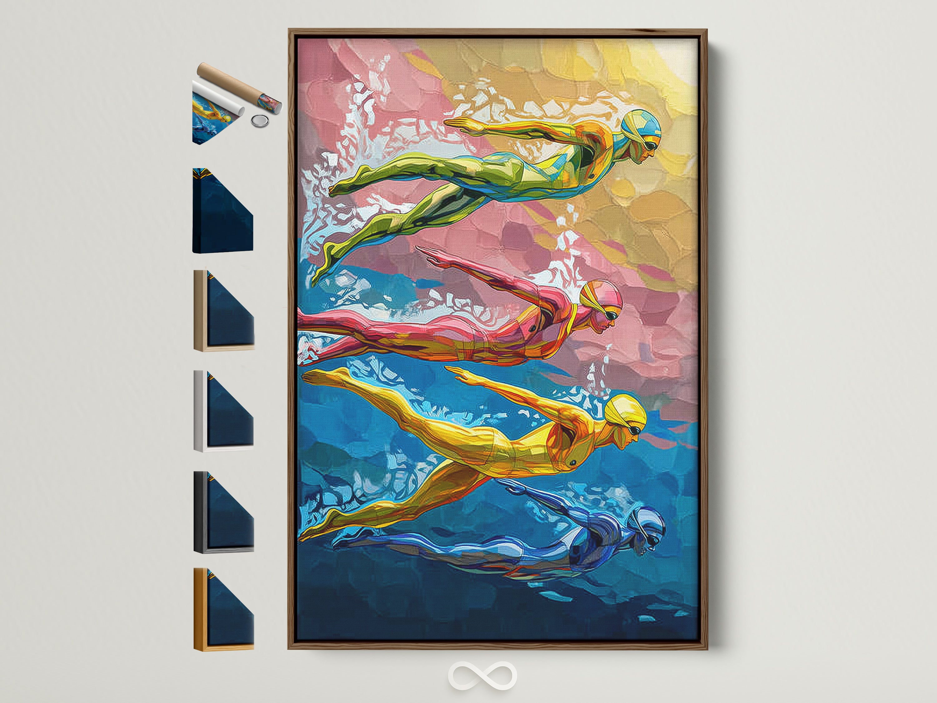 Swimming Pool Art Print displayed in a brown frame. See all available frame options. Enhance your space with colorful swimmers artwork. Perfect sports wall decor for home gym & recreation room. Elevate your interior with this contemporary art.