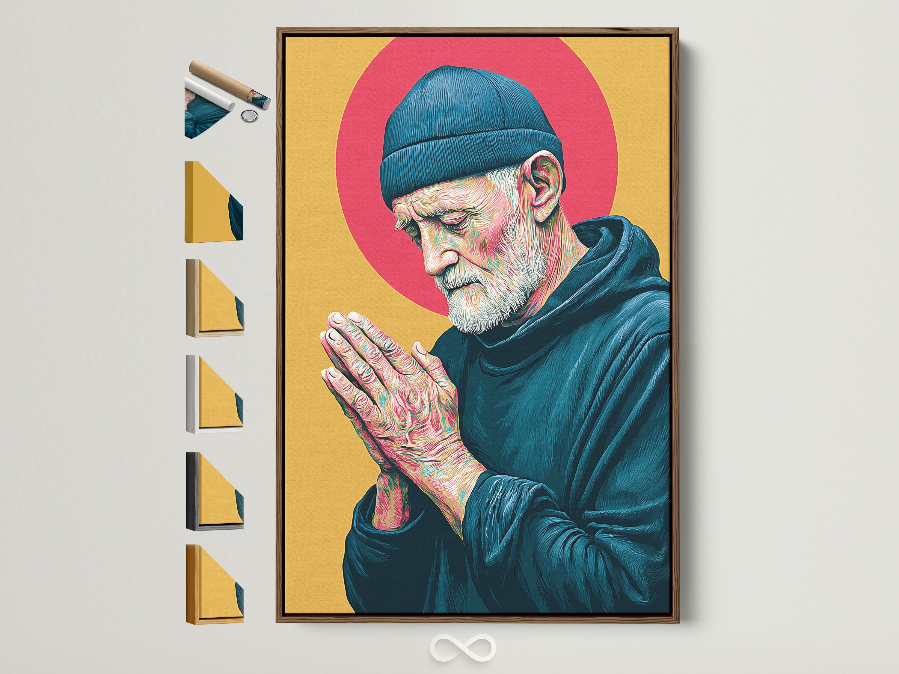 Praying Man teal and gold artwork in a brown frame. This spiritual wall art adds peace to any meditation space. Explore frame options for a unique touch. A thoughtful gift for a believer.