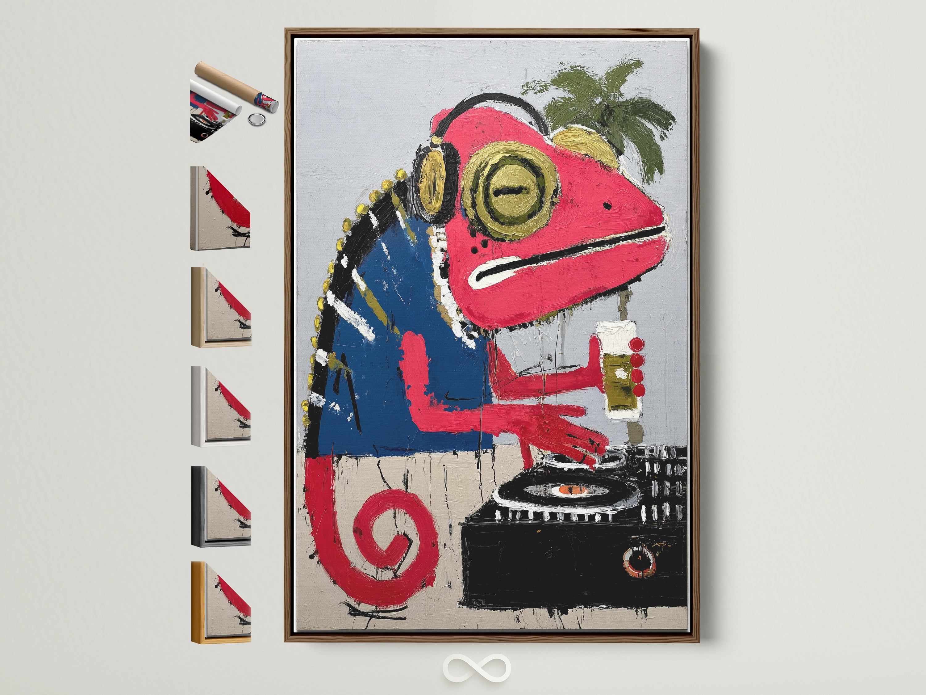 Iguana DJ canvas print in a brown frame. This tropical music wall art features a colorful animal art for studio decor. See all frame options. Modern reptile artwork displayed.
