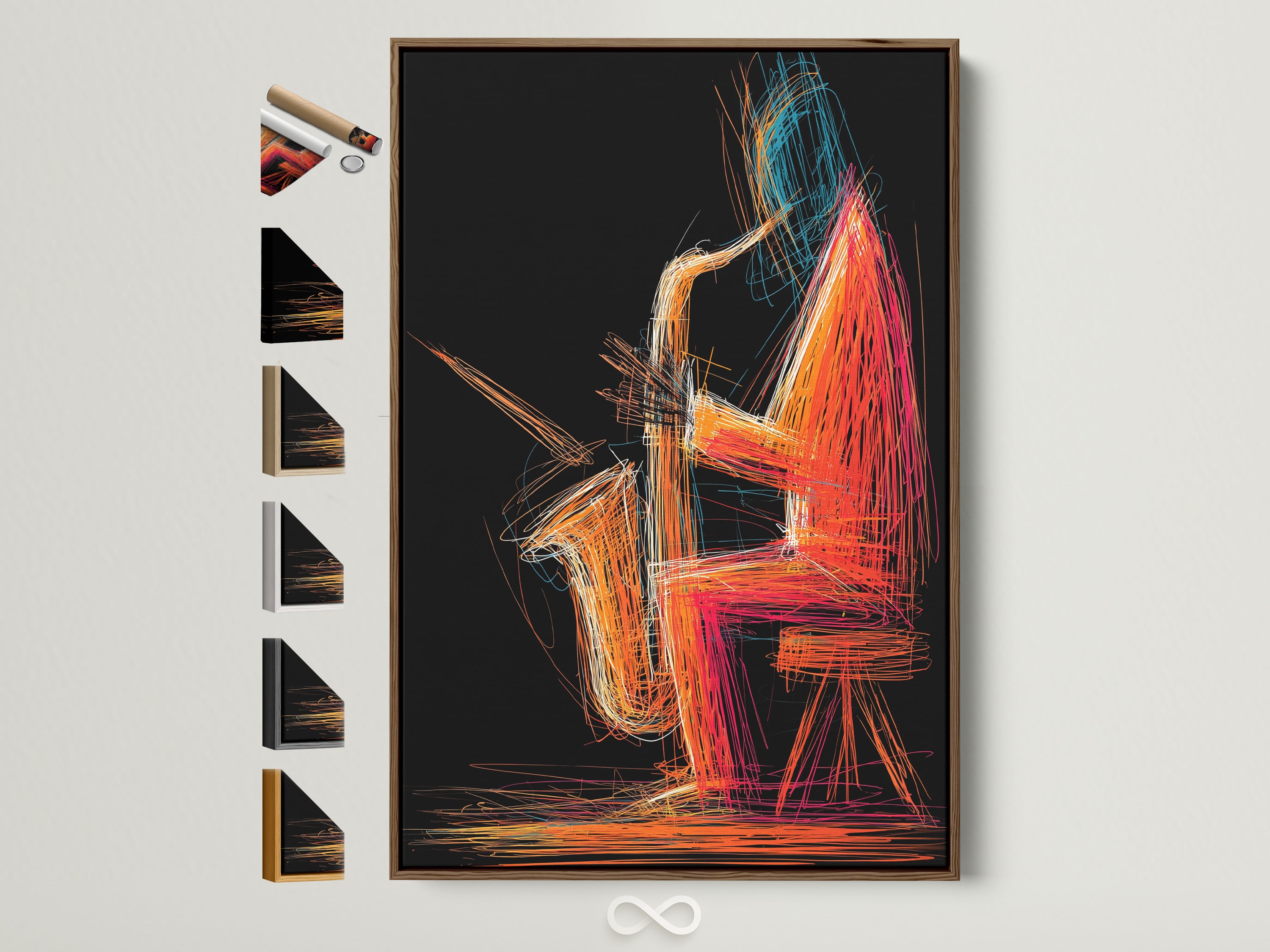 Explore framed options for the Jazz Saxophone Art Print. The abstract music wall art is showcased in a brown frame. See all available frame styles. Find the perfect vibrant orange and blue canvas for your office decor.
