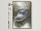 Artwork featuring an alligator in a brown frame. Explore frame options to enhance your space. See how different frames complement this wildlife art. Find the perfect frame to match your style.