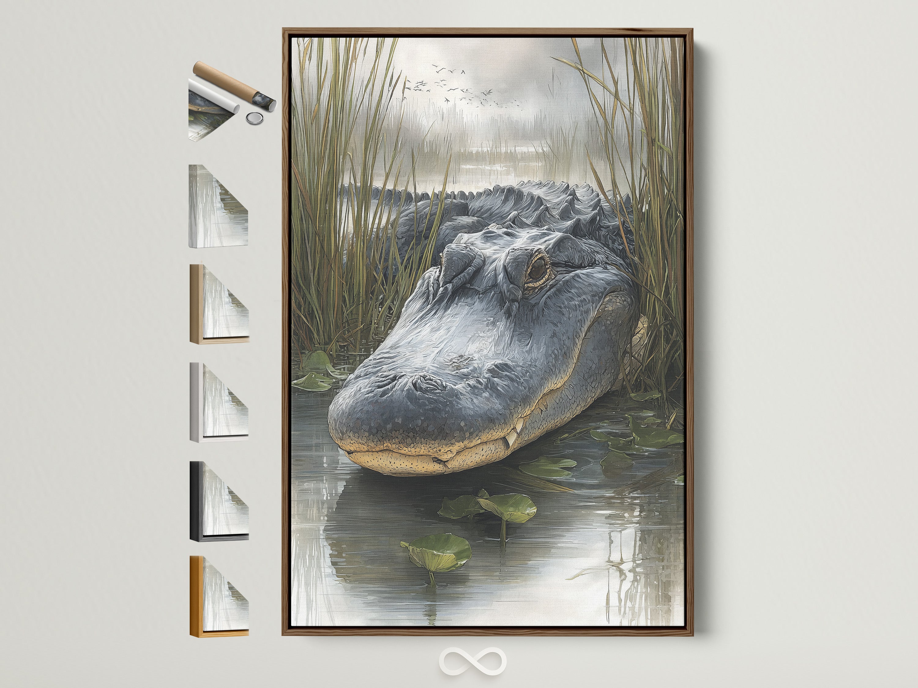 Artwork featuring an alligator in a brown frame. Explore frame options to enhance your space. See how different frames complement this wildlife art. Find the perfect frame to match your style.