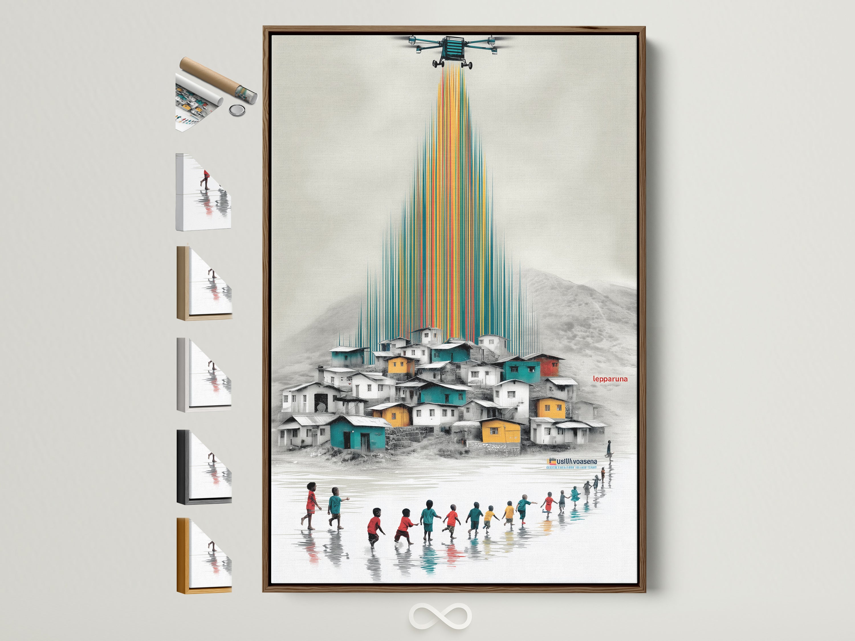 Global Children Canvas Artwork with a brown frame is displayed. The artwork features a colorful village scene. Children are walking towards the village. Frame options are displayed on the side. This educational art is perfect for a playroom or classroom.