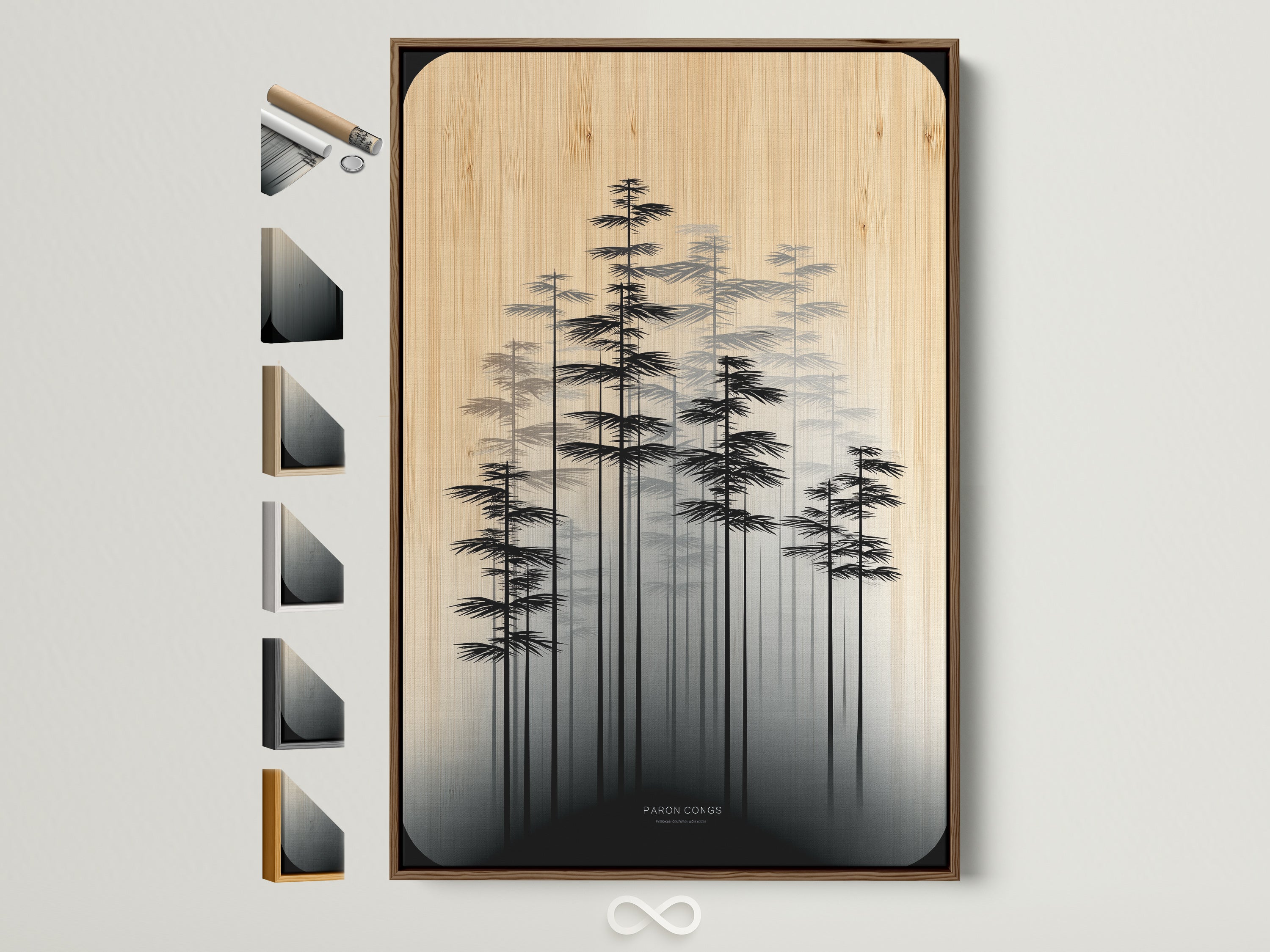 Brown frame displays minimalist forest art. It showcases Scandinavian wall decor. All frame options are visible on the side. This neutral tone canvas is perfect for a bedroom. The modern tree artwork adds a calming touch.