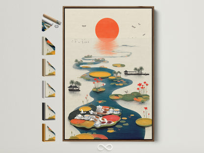 Asian Tea Ceremony artwork in a brown frame. This serene art piece features a lotus pond and oriental elements. It is shown with all available frame options on the side. The artwork is ideal for creating a tranquil atmosphere in your home or business. Consider it for living rooms dining areas or tea houses.