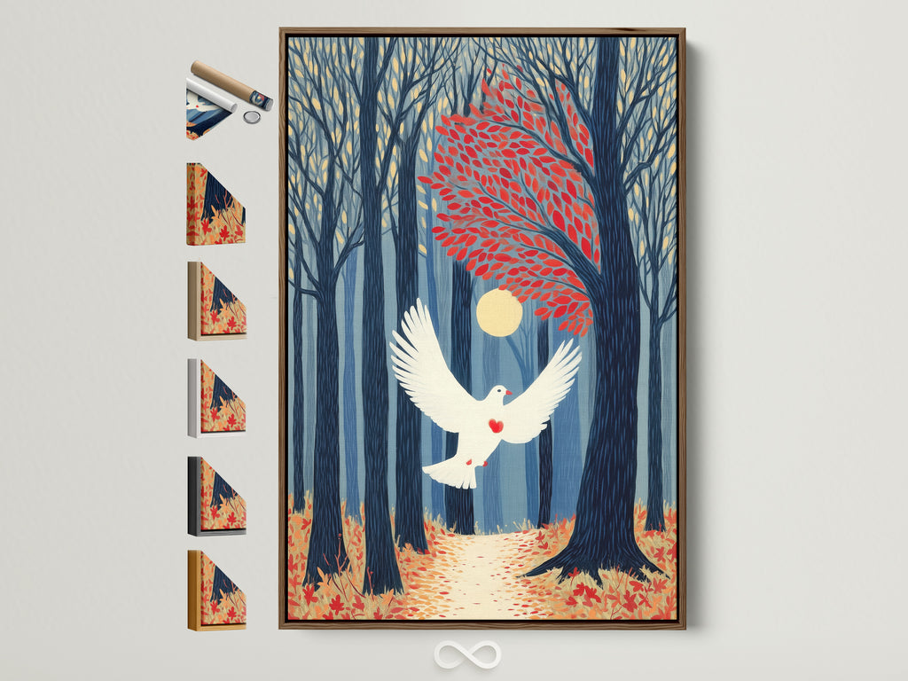 Dove in Forest artwork with a brown frame. A serene nature scene for a bedroom or living space. This autumn trees wall art brings peace. Explore frame options on the side. Find the perfect match for your decor.