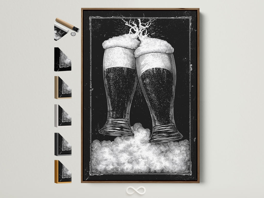 Brown frame artwork. The art features two beer glasses in black and white tones. It is displayed on a wall. The frame is a light brown wood. Discover framed artwork options to enhance your space. Explore our selection today for the perfect piece.