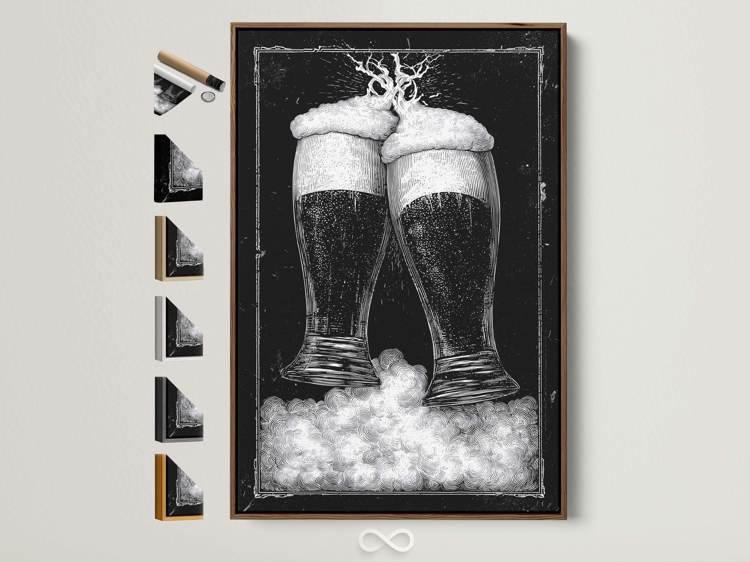 Brown frame artwork. The art features two beer glasses in black and white tones. It is displayed on a wall. The frame is a light brown wood. Discover framed artwork options to enhance your space. Explore our selection today for the perfect piece.