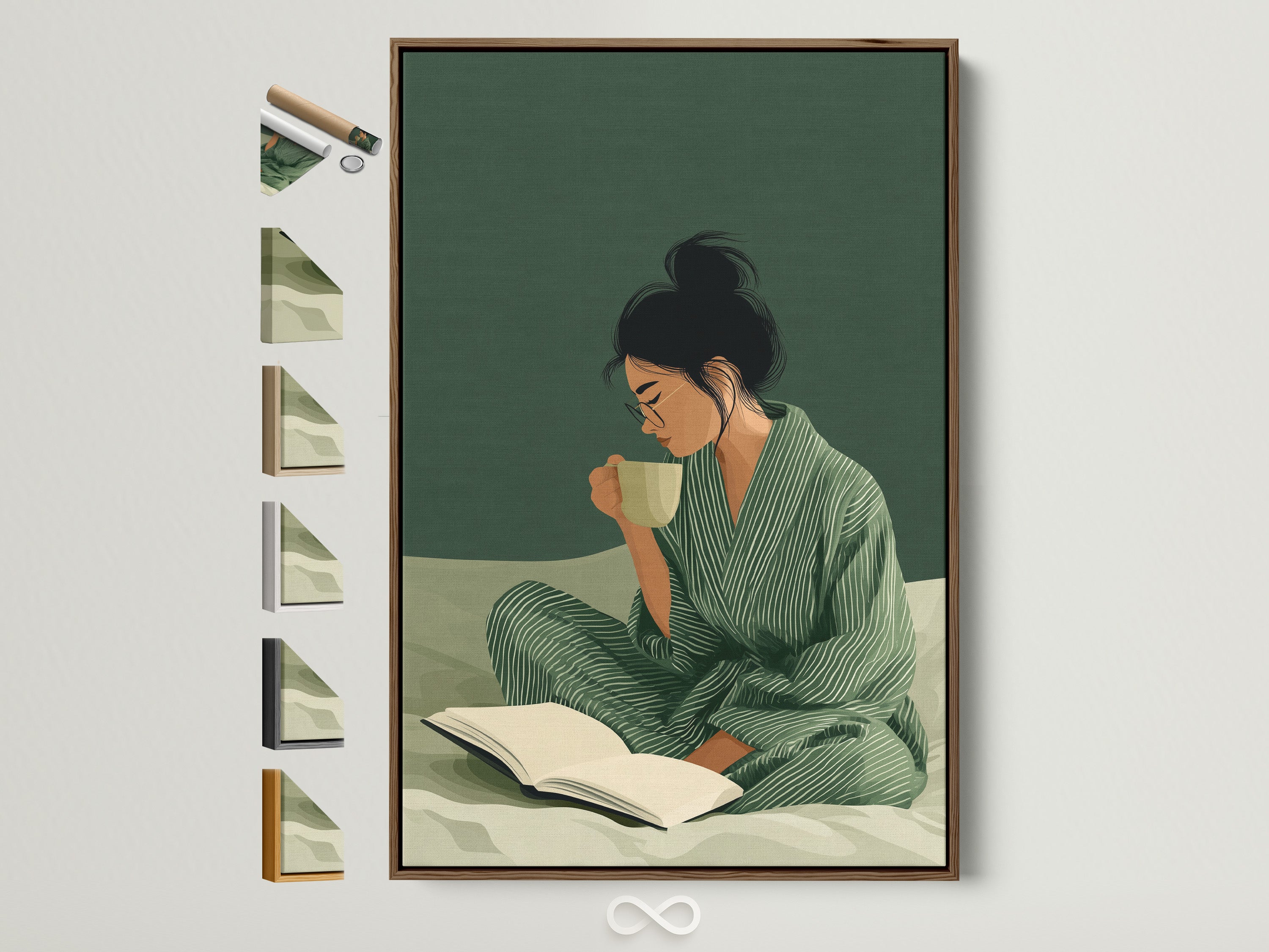 Green Aesthetic — Woman Reading Coffee Woman reading with morning coffee art in sage tones