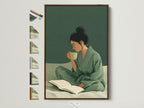 Woman Reading Art Print with a brown frame. This Sage Green Coffee Wall Art creates a Peaceful Morning ambiance perfect as Bedroom Decor. It captures a quiet moment with hygge wall art.