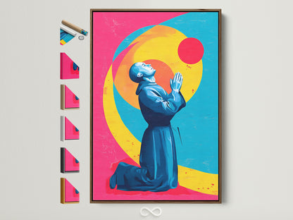 Praying Figure artwork with a brown frame. The wall art features teal blue and pink decor. Spiritual artwork perfect for a meditation room. See all frame options available for religious wall art.