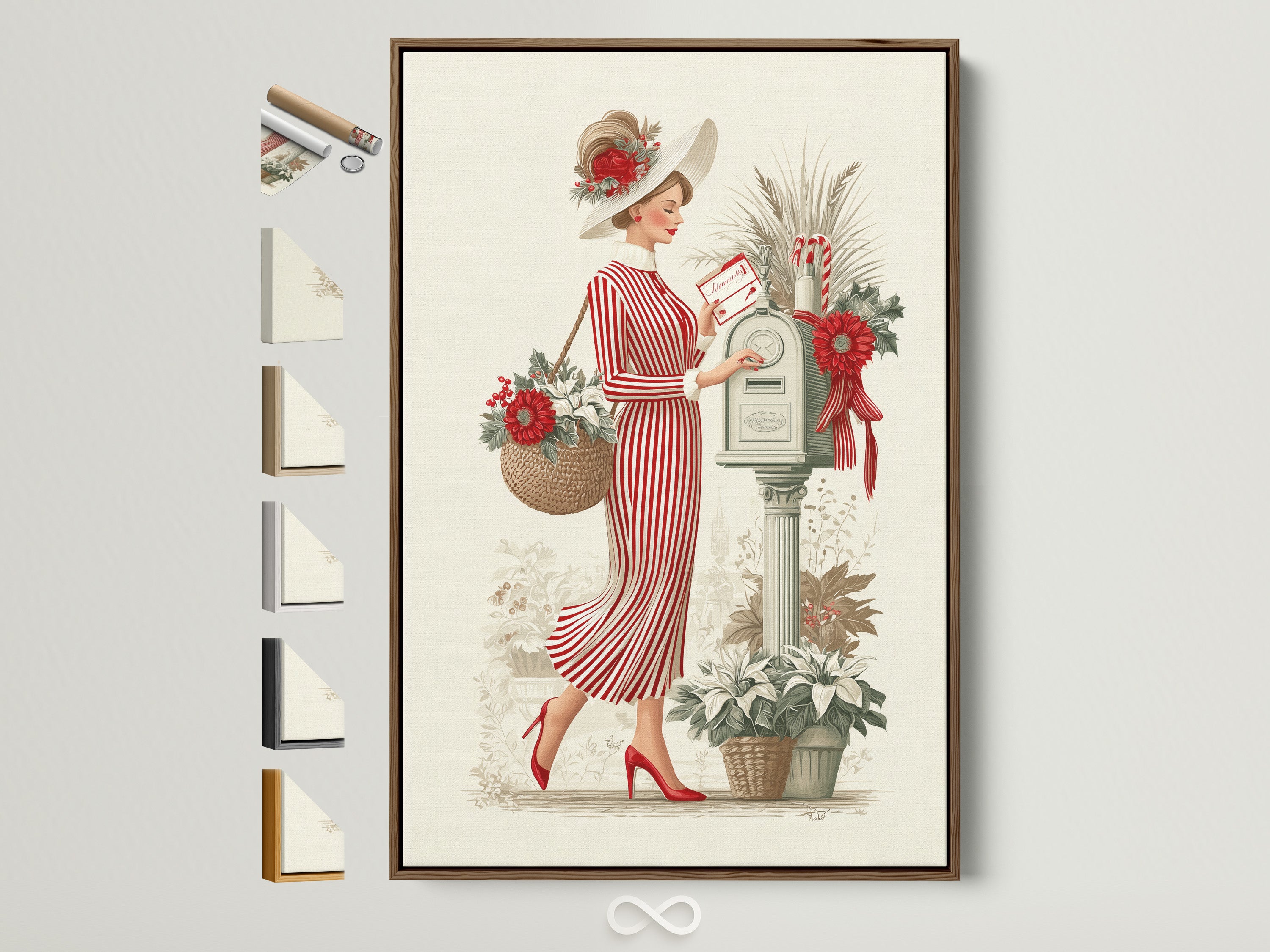 Vintage lady art in a brown frame is displayed with other frame options. This classic fashion illustration features a red striped dress. Ideal for bedroom wall decor. Discover refined wall art to complement vintage or elegant styles.