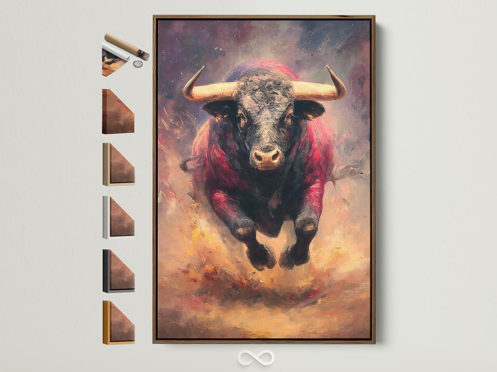 A vibrant bull artwork is framed in brown. The frame options are displayed beside it. The artwork features a powerful bull in motion. It is a stunning piece suitable for any room. Explore framing options to enhance your art.